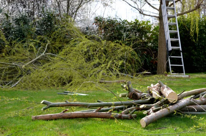 A backyard during a tree removal in Louisville, KY